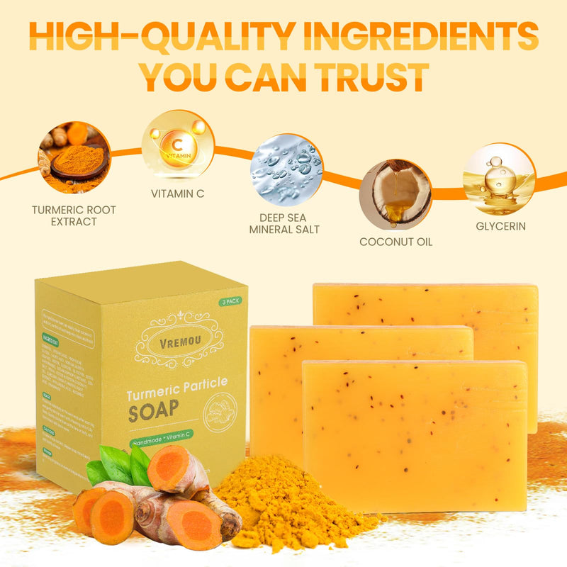 3Packs Turmeric Soap Bar, Organic Tumeric Soap for Face and Body,with Vitamin C, E for All Skin