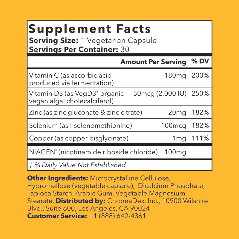 TRU NIAGEN NAD+ Immune Cell Support, Vitamin C, D3, Zinc, 100mg NR, 30ct | Daily immune support with Vitamin C, vegan D3, Zinc, Selenium & Copper, plus 100mg patented Niagen NR to boost NAD+ levels.