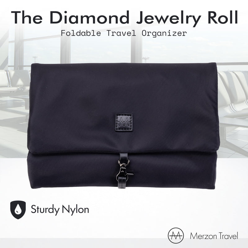 Diamond Jewelry Roll | HNG-731 Black | Foldable Jewelry Organizer, Slim Roll Design, Secure Storage for Rings, Necklaces, Earrings & Bracelets, Sturdy Nylon The Diamond Jewelry Roll (Black) One Size