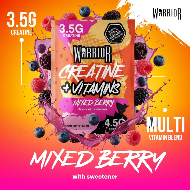 Warrior Creatine Plus Vitamins Sachets, Daily Wellness Drink Mix with 3.5g Creatine and Multivitamin Blend for Energy, Focus, Immunity and Vitality, Zero Sugar Mixed Berry, 15 Sachets