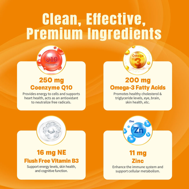 [Australia] - Sugar-Free CoQ10-250mg Filled Gummies - 2 Months Supply - Plus Omega-3, Vitamin B3 & Zinc, High Absorption Coenzyme Q10 Supplements for Heart Health, Cellular Energy & Antioxidant Support, Vegan 60Cts 60 Count (Pack of 1) 