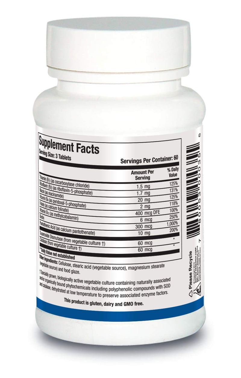 BIOTICS Research Bio-B 100, Vitamin B Complex, B12, B6, Folate 180Tabs | Phosphorylated B6, Riboflavin-5-Phosphate, Niacin, Biotin, SOD and Catalase Antioxidant Enzymes, Gluten Dairy GMO Free