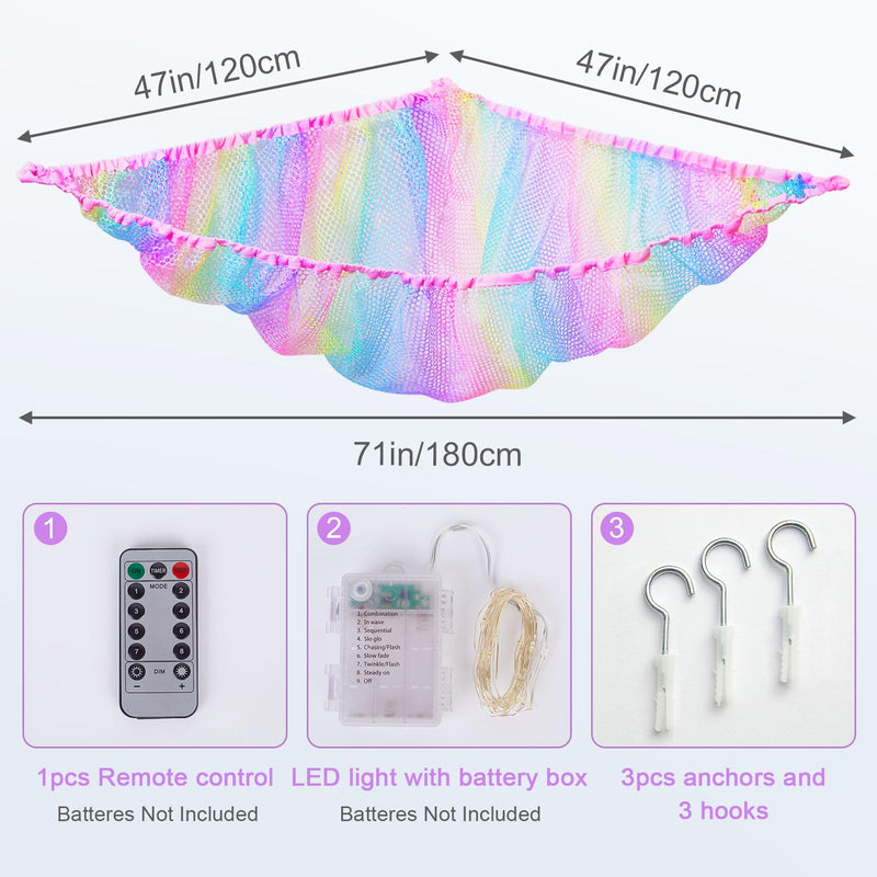 [Australia] - Stuffed Animals Hammock Kids Toy Storage with LED Light Unicorn Castle Plush Toy Organizer Corner Hanging Stuffed Animals Holder for Nursery Kids Girls Room Decor Rainbow 