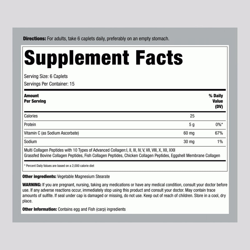 Piping Rock Multi Collagen Peptides 6000mg | 90 Caplets | 10 Types of Collagen with Protein | Non-GMO, Gluten Free