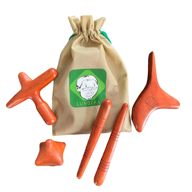 [Australia] - Lungcha 4 Types, 5 Piece Set Traditional Thai Massage Reflexology Wooden Stick Tool (Set of 4 Types Body Hand Foot Massage) 
