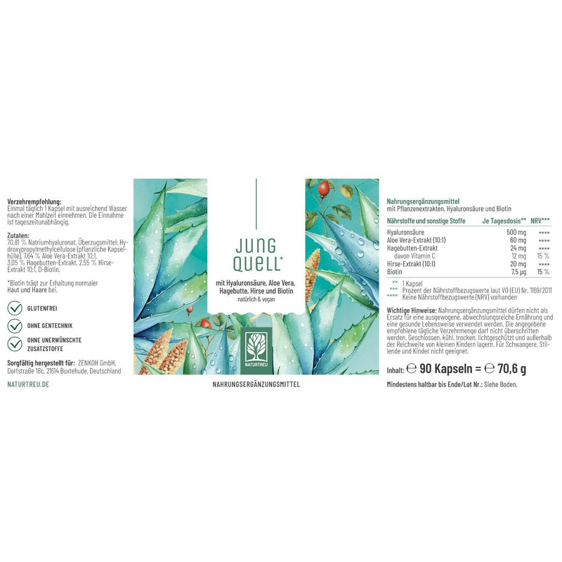 [Australia] - NATURTREU® Hyaluron capsules with 500 mg hyaluronic acid in high doses with aloe vera, biotin & vitamin C - 90 capsules for skin* and joints** - Natural and vegan 