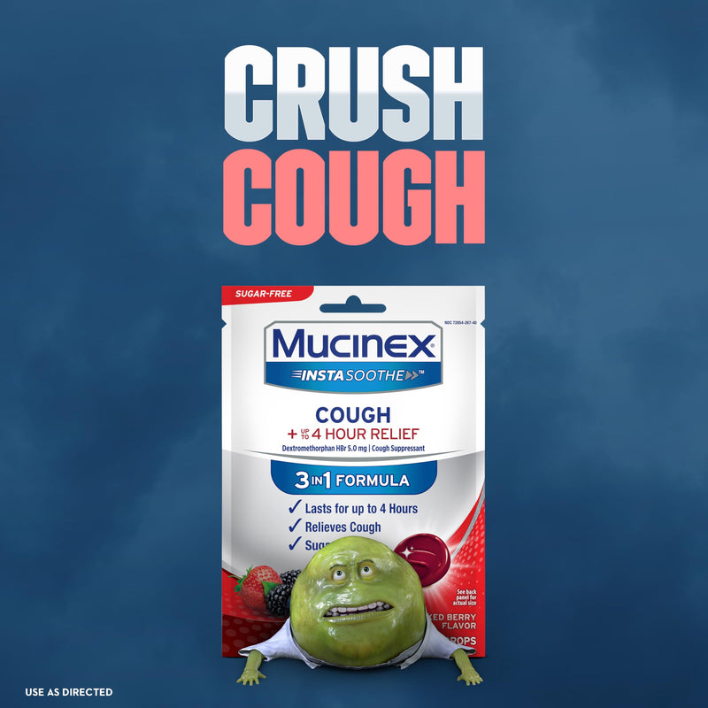 [Australia] - Mucinex Instasoothe Sugar Free Cough Drops, Cough Medicine for Adults with Dextromethorphan HBr, Non Menthol Cough Drops, Cough Suppressant Lozenges, Mixed Berry Medicated Cough Drops, 40ct 