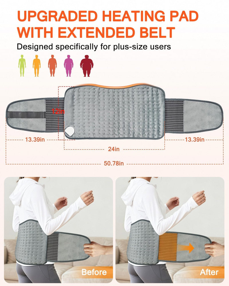 Electric Heating Pad for Back with Adjustable Belt, Moist Heat for Cramps | 12"X24"+26" Large Size, Hands-Free Wear, 6 Heat Levels, 4 Timers, Auto Shut Off, Machine Washable, Gift For Women & Men
