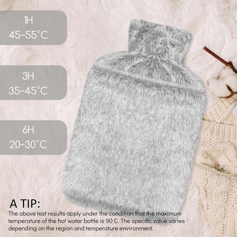 [Australia] - Jsdoin Hot Water Bottle with Cover - 2.0L Hot Water Bottles Leak-Proof, Natural Rubber + Bed Bottle Fluffy, Hot Water Bottle for Neck and Shoulder, Back, Legs, Waist Warming (Grey) Grey 