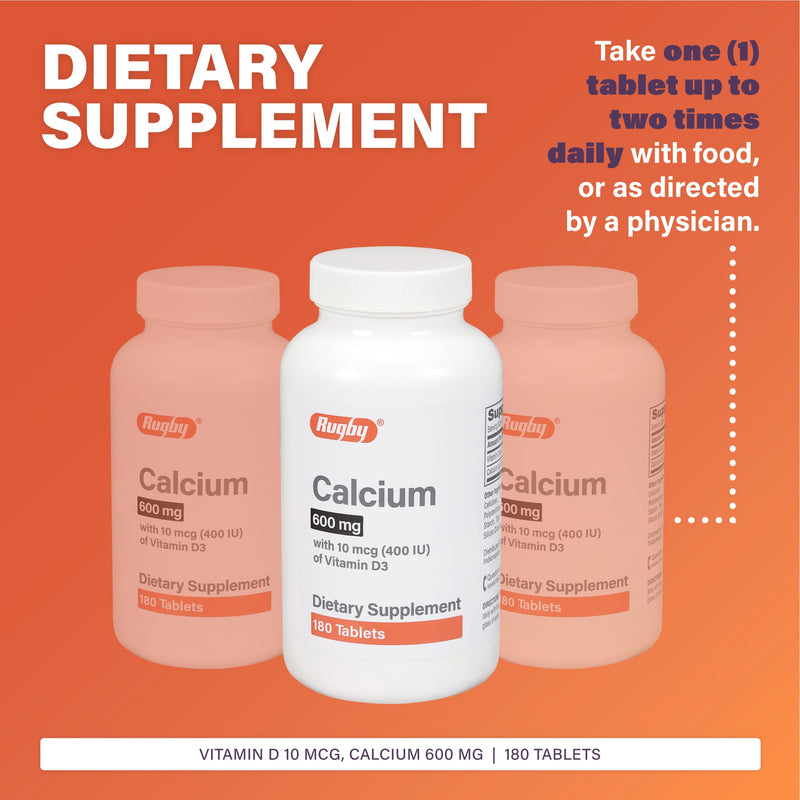 Rugby 600mg Calcium Tablets - Made with 10mcg (400IU) of Vitamin D3 - Dietary Supplement - 180 Count (2 Pack) 180 Count (Pack of 2)
