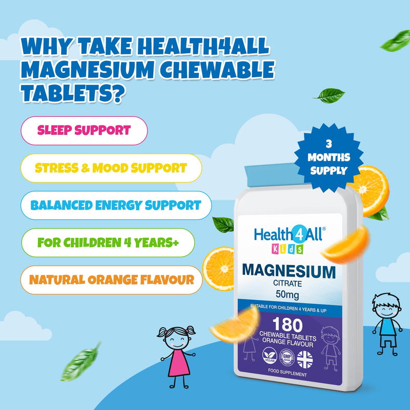 Health4All Kids Magnesium 180 Chewable Tablets for Anxiety, Sleep, Ticks. Tasty Orange Chewable Magnesium Supplement for Children 4+, Vegan, Sugar-Free | Made in UK | Alternative to Glycinate Gummies 180 count (Pack of 1)