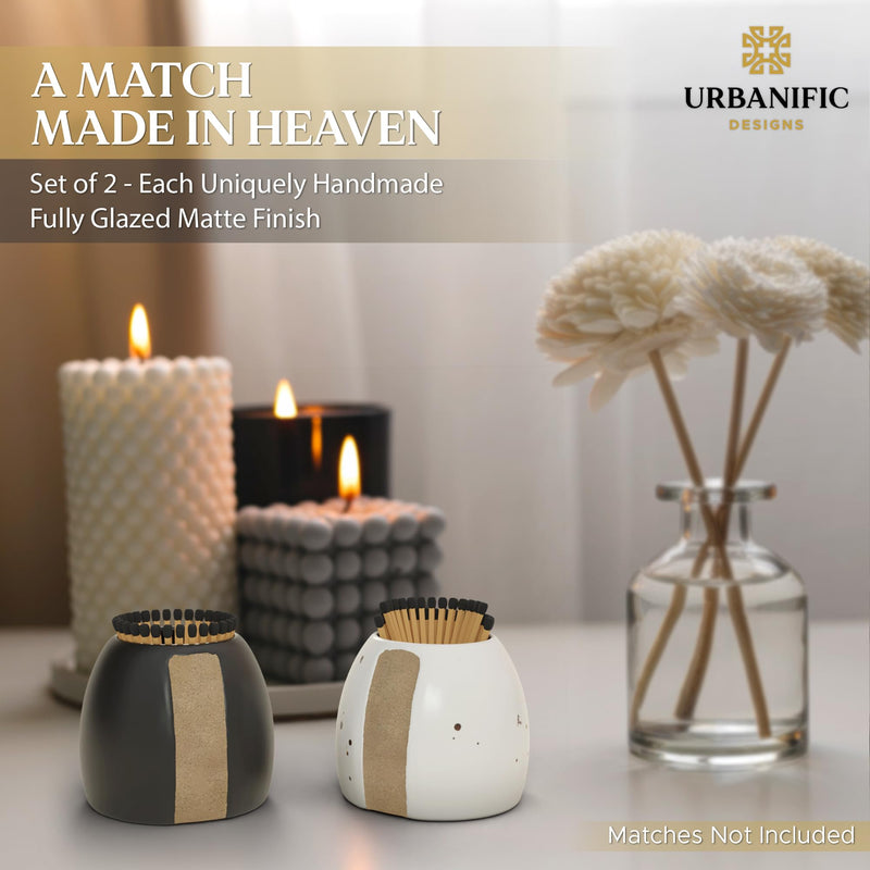 [Australia] - Match Holder with Striker - Set of 2 - Fancy Decorative Ceramic Matchstick Holders - Keeps Matches at Hand in a Cute Jar for Bathroom Candles and Kitchen Candle Home Decor - Matches Not Included 