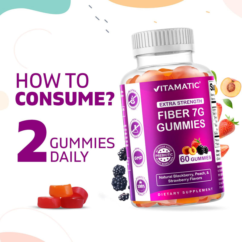 [Australia] - Vitamatic Prebiotic Fiber Gummies for Adults - 7G Fiber Extra Strength - Zero Sugar Added - 60 Pectin Based Gummies - Digestive Health & Regularity Support 60 Count (Pack of 1) 