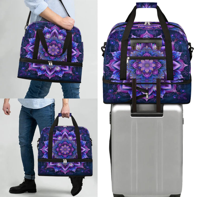 Travel Duffle Bags With Shoes Compartment for Women Men Purple Mandala Lightweigh Sports Tote Gym Bag Boho Flower Foldable Canvas Weekender Overnight Carry On Luggage Handle Bag B03:Purple Mandala