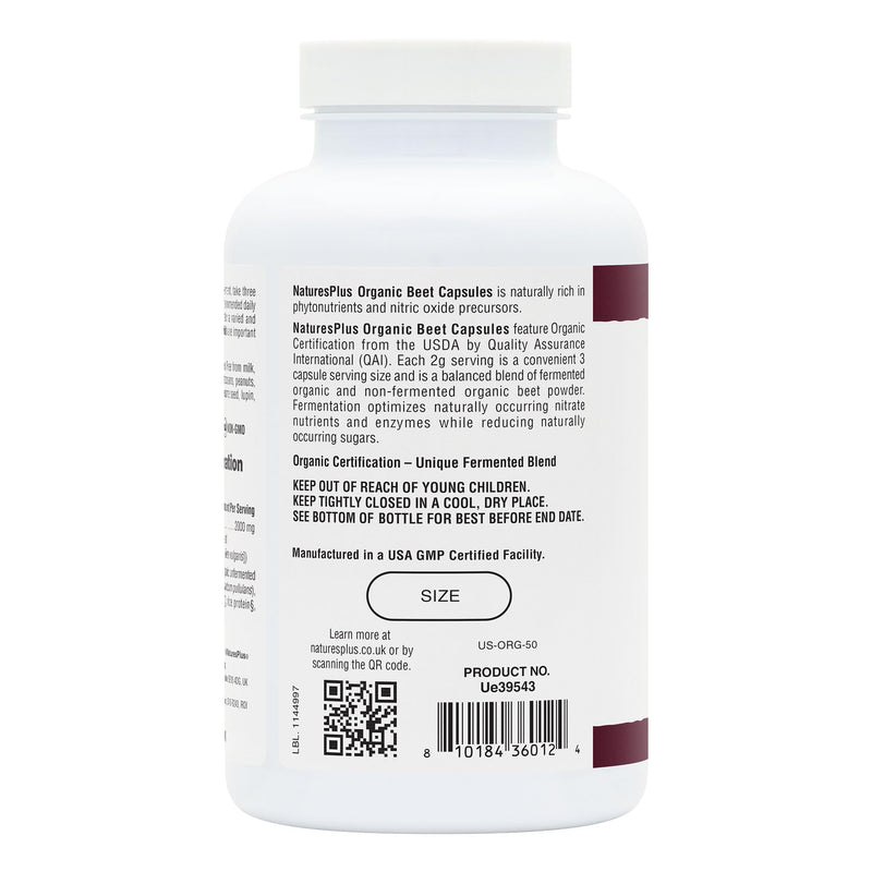 NaturesPlus Organic Beet Capsules - Fermented and Non-Fermented Beet Powder - Lower in Sugar, Naturally Occurring Nitrates - Organic, Gluten Free, Vegan - 180 Capsules, 2 Months Supply 180 count (Pack of 1)