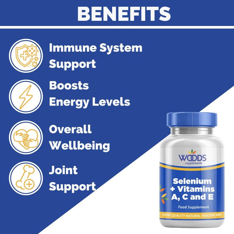 Woods Supplements - 10,000mg High Strength Selenium + Vitamins 180x Vegan Tablets. Antioxidant Supplement with Vitamin A, C and E for Immune System, Thyroid Support and Healthy Hair and Nails 180