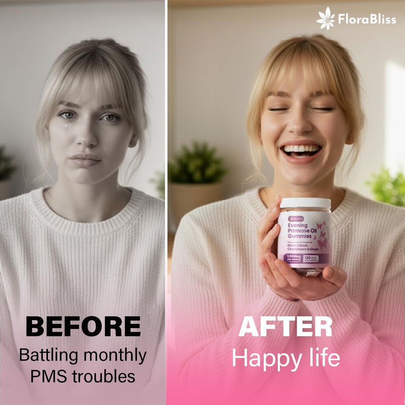 [Australia] - FloraBliss 120 Evening Primrose Oil Gummies | 1500mg | with Black Cohosh, Chasteberry, Ginger Extract for PMS & Menopause Support, Hormonal Balance | Vegan, Non-GMO, Sugar-Free 1 Count (Pack of 120) 