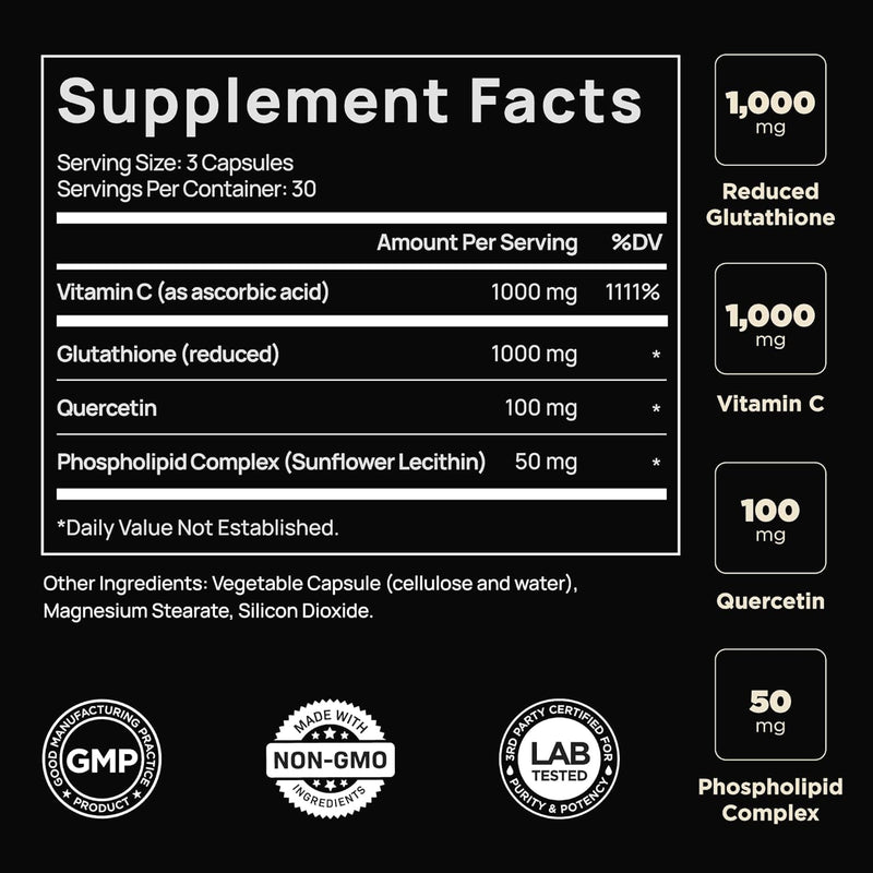 [Australia] - ELMNT 2150mg Super Antioxidant Liposomal Glutathione Supplement w. Vitamin C, Quercetin & Reduced L Glutathione 1000mg - Proven Complex for Best Absorption, Detox, Skin Glow + Immune - 90 Pills 