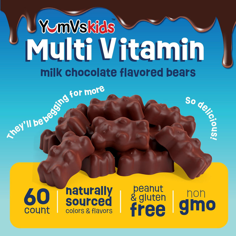 [Australia] - YUM-V'S - Kids Multivitamin Chewable Chocolate Bears - Multivitamin for Kids Supplement - 16 Vitamins & Minerals - Vitamins Including D, Zinc, C, B Complex & More, 60 Count Pack of 1 Chocolate 60 Count (Pack of 1) 
