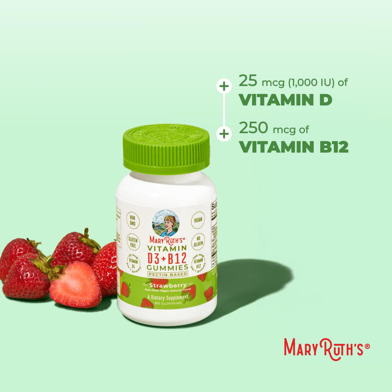 MaryRuth Organics, Vitamin D3 & B12 Gummies, Strawberry Flavour, 60 Vegan Gummies, Vegetarian, Gluten-Free, Soy-Free, Non-GMO