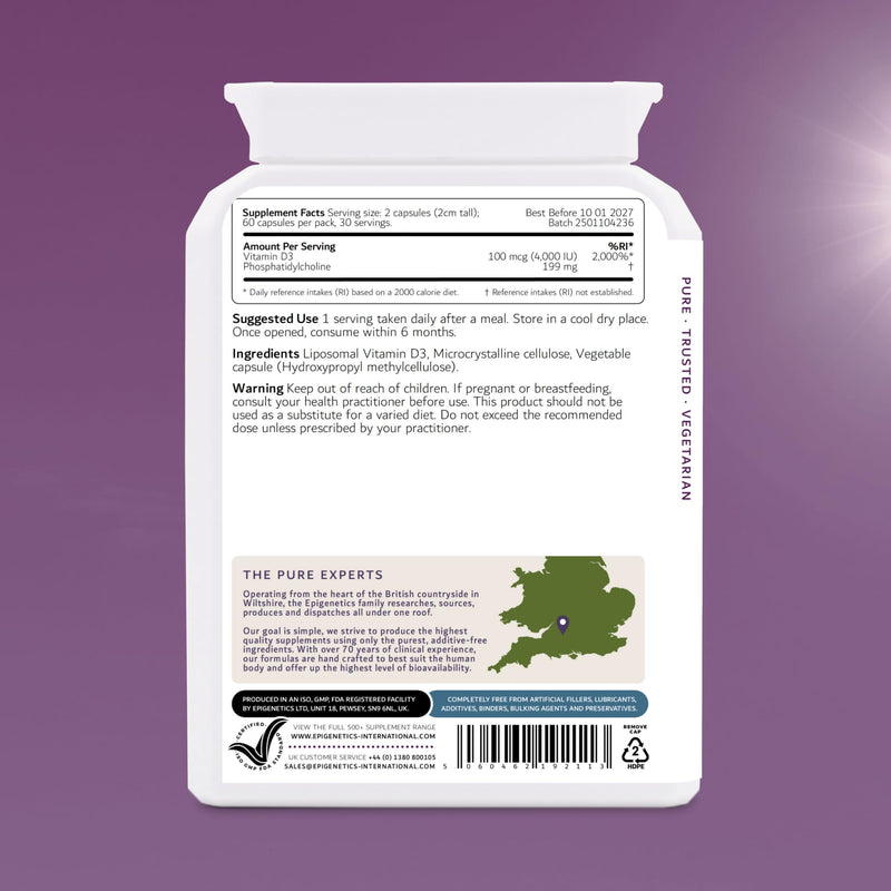 Liposomal Vitamin D3 4000IU | Most Bioavailable Highly-Absorbable Vitamin D | 60 Vegan Friendly Capsules UK Made | Long 2 Month Supply by Epigenetics Supplements