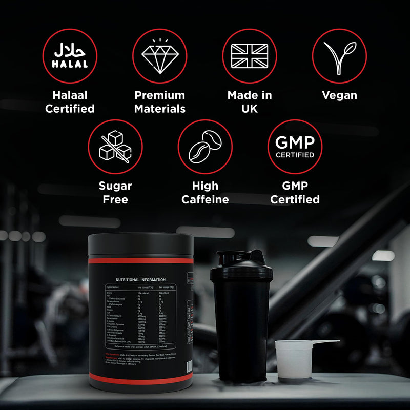 Conqueror High Stim Pre-Workout Powder (520g) - Caffiene, L-Citrulline, Beta-Alanine | Energy & Endurance Support - Strawberry Flavour (40 Servings)