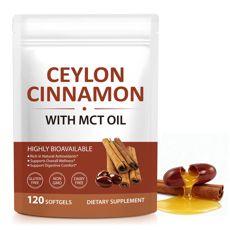Ceylon Cinnamon Softgels with MCT Oil – 600mg Cinnamomum Verum Extract, High Absorption Formula for Daily Wellness Support – Antioxidant & Digestive Comfort – Non-GMO, Gluten-Free – 120 Softgels