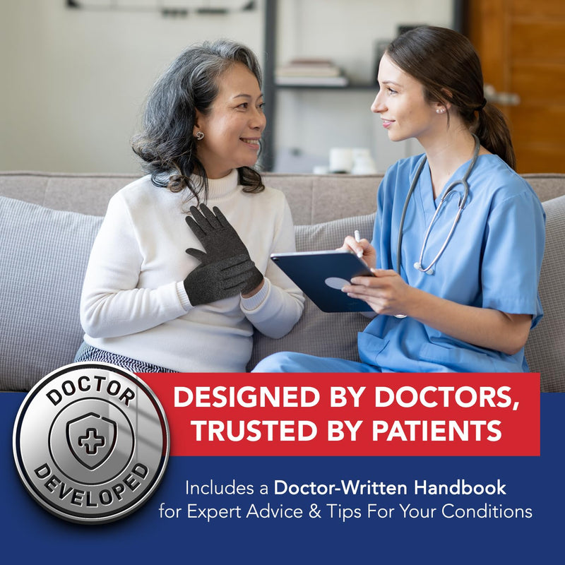 [Australia] - Doctor Developed Arthritis Gloves - Full Finger Compression Gloves for Raynauds & Hand Pain - Compression Gloves for Arthritis for Women & Men, Carpal Tunnel Gloves With Doctor Handbook (full-length, M, Grey) Medium 