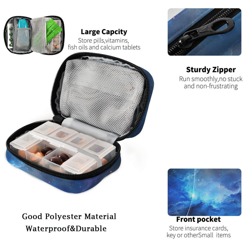 Fustylead Beautiful Blue Cosmic Nebula Pill Organizer and Storage Weekly with Zipper, Removable Pill Box Portable Medicine Organizer for Vitamin Fish Oil Supplement Blue06 Cosmic Nebula
