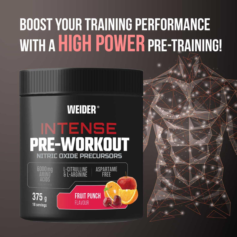 Weider Intense Pre-Workout (375g) Fruit Punch Flavour. Nitric Oxide Precursors, with 200 mg Caffeine and 6000 mg Amino Acids/Serving, L-Citrulline, L-Arginine, Aspartame-Free (18 porciones)