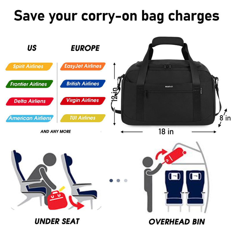 ECOHUB For Spirit Airlines Personal Item Bag 18x14x8 Travel Duffel Bags with Laptop Compartment & Shoe Bag Underseat Carry on Handbag with Wet Pocket, 30L (Black) Black 18 inch underseat