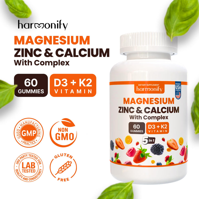 Magnesium Calcium Zinc with Vitamin D3 & K2 Gummies, Multivitamin for Women and Men, Bone Strength & Muscle Function, Extra Absorption Formula, 30 Days Serving