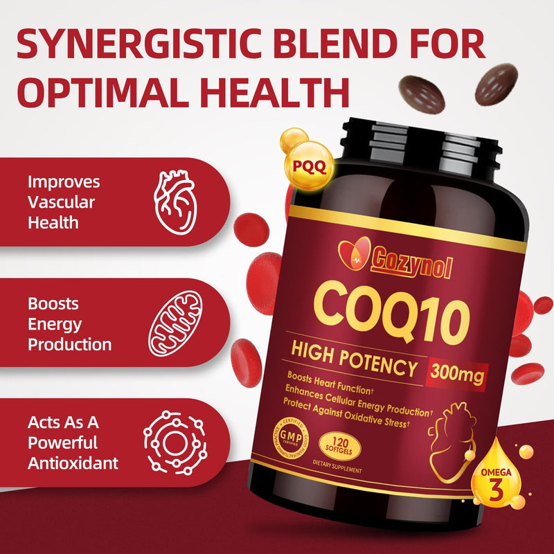 CoQ10 300mg Softgels with PQQ & Omega 3, 120 Count | Maximum Absorption Coenzyme Q10, Powerful Antioxidant for Heart & Energy Health, Non-GMO 120 Count (Pack of 1)