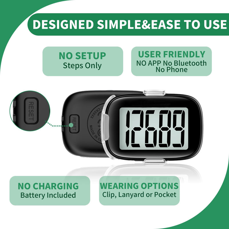 [Australia] - Pedometer Walking Simple 3D Step Counter with Clip and Lanyard, Activities Fitness Tracker Without Smartphone, Accurate Step Tracker for Women, Men, Seniors Black 