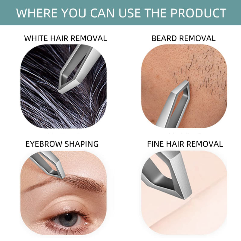 Beard Tweezers, White Hair Plucking Tweezers, Stainless Steel, Fine Hair Removal Tweezers, Eyebrows Shaping Tool, 5mm Tip, Cyan PU Case 1Pack, Silver, 1.0 Count, (BRTW-SSS-96WDQP)