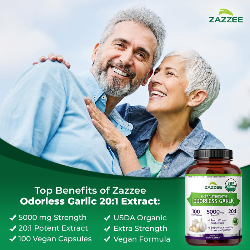 [Australia] - Zazzee USDA Organic Odorless Garlic 20:1 Extract, 5000 mg Strength, 100 Vegan Capsules, 3+ Month Supply, Standardized, Concentrated 20X Extract, 100% Vegetarian, All-Natural, Non-GMO, Made in The USA 
