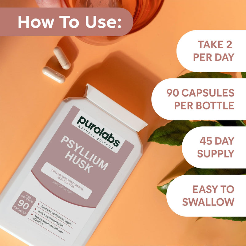 Purolabs Psyllium Husk Capsules – Organic Psyllium Husk 99.9% High Purity Fibre Supplement with Aloe Vera – Natural Digestive Support for Gut Health, Bowel Regularity & Daily Wellness – 90 Capsules