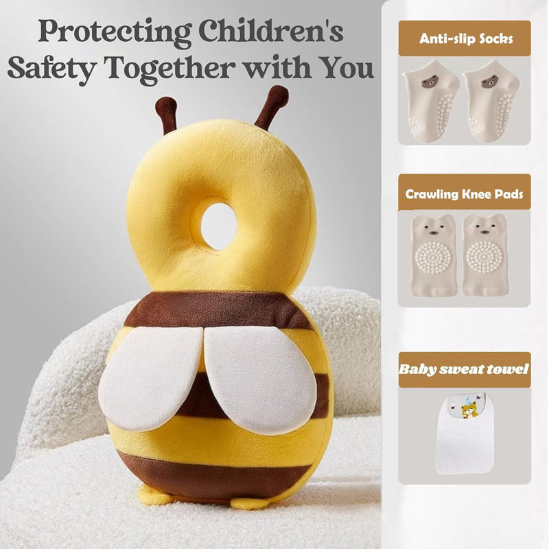 [Australia] - Baby Head Protector Backpack, Toddler Baby Head Protection Backpack with Baby Knee Pads Alarm Function for Walking & Crawling, Soft, Breathable and Wearing Safety Baby Head Protector - Yellow Bee 