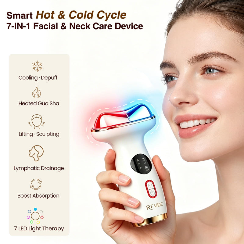 Cold Heated Electric Gua Sha, Facial Neck Lymphatic Drainage Sculpting Tool, Cooling Depuffing Wand for Puffy Face, 7-in-1 LED Red Light Face Massager for Lifting, Contouring, Firming