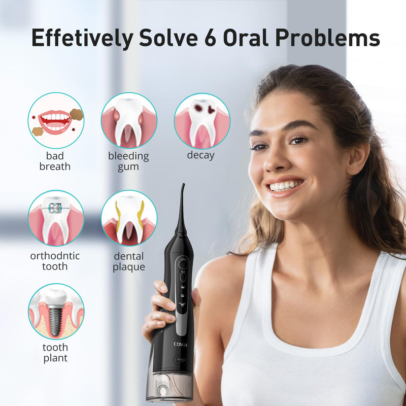 [Australia] - COSLUS Water Dental Flosser Teeth Pick: Portable Cordless Oral Irrigator 300ML Rechargeable Travel Irrigation Cleaner IPX7 Waterproof Electric Waterflosser Flossing Machine for Teeth Cleaning F5020E Dark Black 