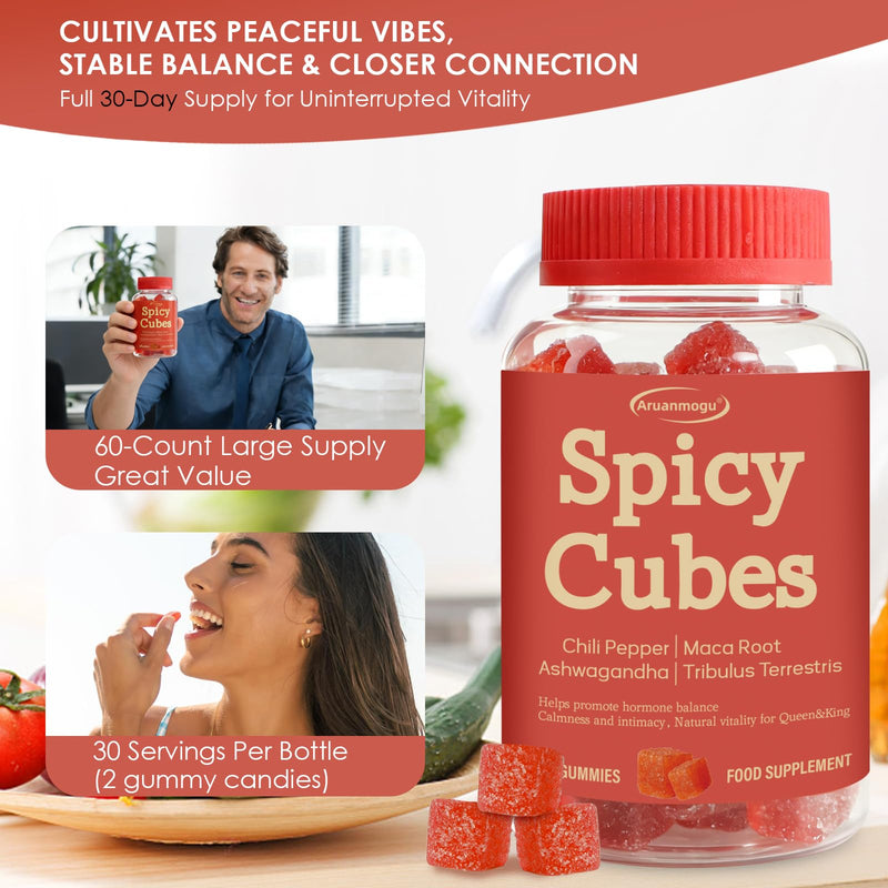 Spicy Blocks,Vegan Spicy Hot Peach Gummies for Men & Women- Formulated with Chilli, Ashwagandha, Maca Root & Tribulus Terrestris - Supports Calm & Hormonal Balance - 60 Pieces