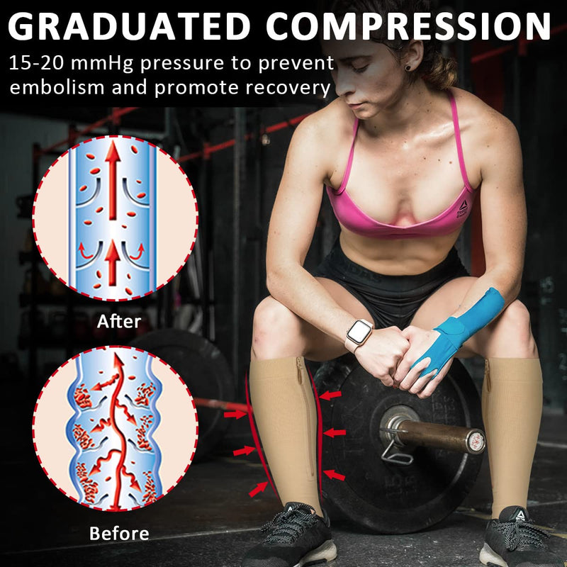 [Australia] - Ailaka Zipper Compression Socks Medical, 15-20 mmHg Knee High Compression Socks for Men Women, Close Toe Support Socks for Varicose Veins, Edema, Recovery, Pregnant, Nurse(Beige, X-Large) X-Large (1 Pair) Beige 