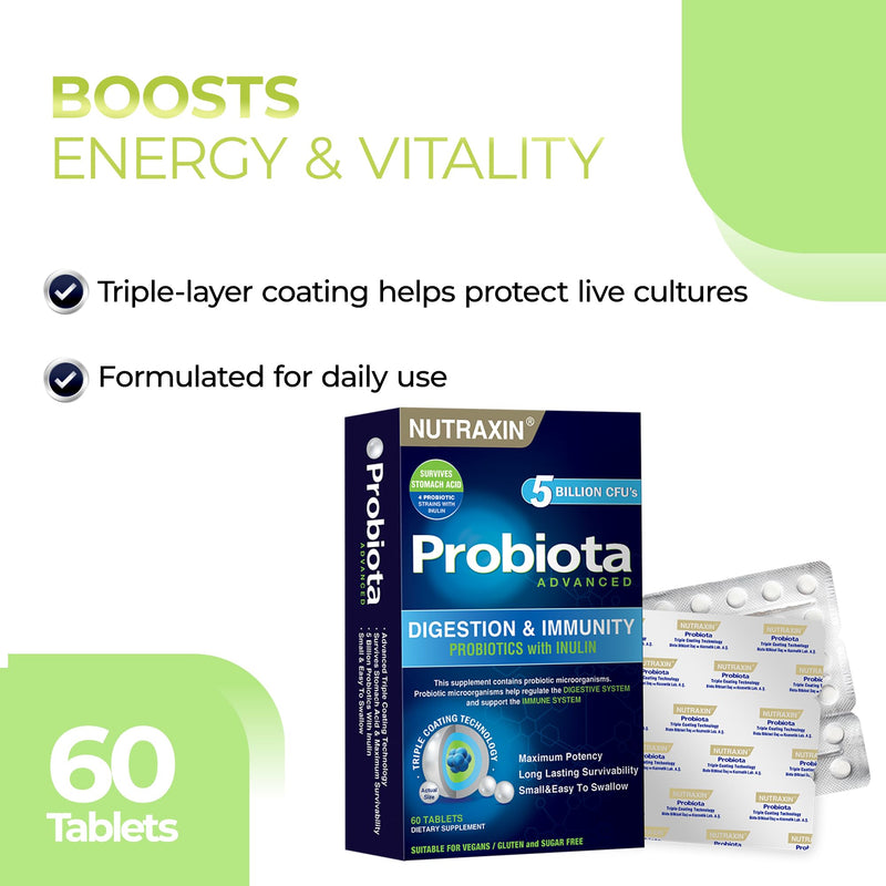 Nutraxin Probiota Advanced - 2x1.25 Billion CFU Probiotics - 60 Tablets with 4 Strains (Lactobacillus and Bifidobacterium) & Inulin - Allergens-Free Supplement for Adults 60 count (Pack of 1)