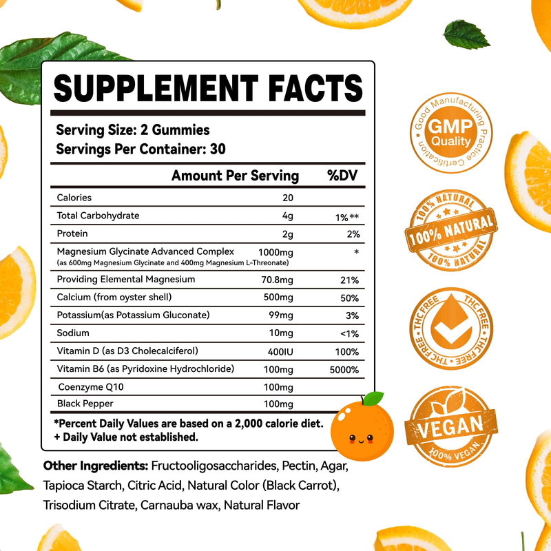 Magnesium Glycinate Gummies 1000mg - Sugar Free Magnesium Potassium Supplement with Vitamin D, B6, CoQ10 for Calm Mood & Sleep Support - 60 Orange Gummies 60 Count (Pack of 1)