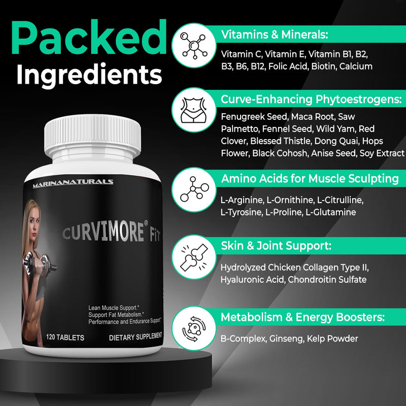 CURVIMORE® FiT Women Supplement. Fast Voluptuous Body. Multivitamins, Mineral, Amino Acids, Herbs, Collagen, Biotin, Hyaluronic Acid, L Glutamine, B-Complex, Maca. Muscled & Curvy Body Gains.