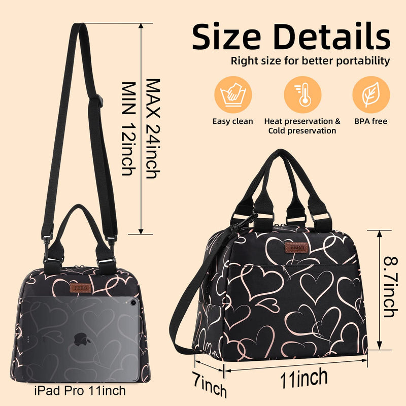 [Australia] - PBRO Insulated Lunch Bag for Women,Reusable Lunch Tote with Adjustable Shoulder Belt,Cute Love Heart Portable Lunch Box Cooler Bag,Perfect for Adult Girls Travel Picnic,Office,Working -Rose Gold Medium 