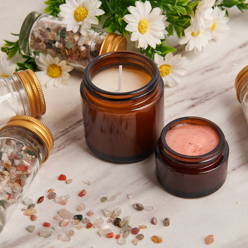 Hoa Kinh 1oz Amber and CLear Glass Jar with Black Lids, Travel Jars for Storing Lip and Body Scrub, Lotion, Body Butter, Bath Salts, Liquid