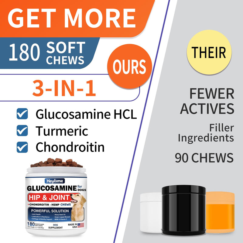 Glucosamine for Dogs, 180 Chews Hip and Joint Supplement for Dogs, Glucosamine Chondroitin, MSM Hemp Dog Joint Pain Relief, Dog Joint Supplement Health Mobility Support (180 Chews, Bacon) - PawsPlanet Australia