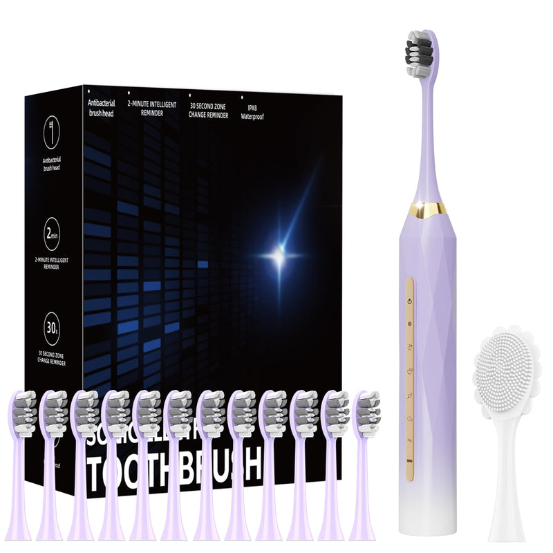 Adult Sonic Electric Toothbrush, USB Rechargeable Sonic Toothbrush, with 12 Brush Heads, 5 Modes, Equipped with Cleaning Brush, Brushing and Washing Two in one Purple