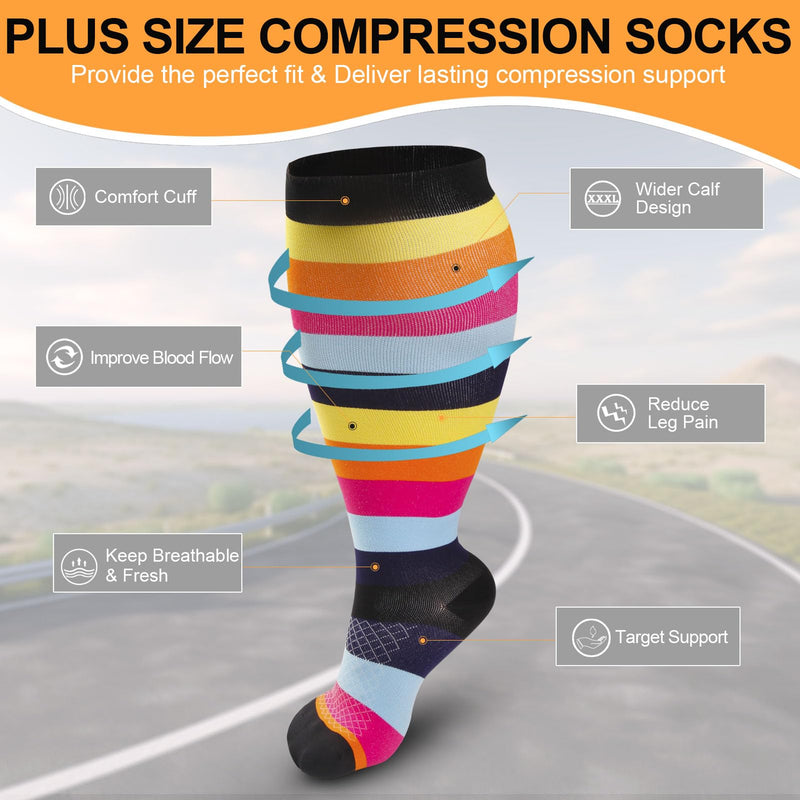 [Australia] - 4 Pairs Plus Size Compression Socks for Women & Men, Extra Wide Calf 20-30 mmhg Knee High Compression Stockings for Circulation Swelling Support A2 Assort 4 Pairs 2X-Large 